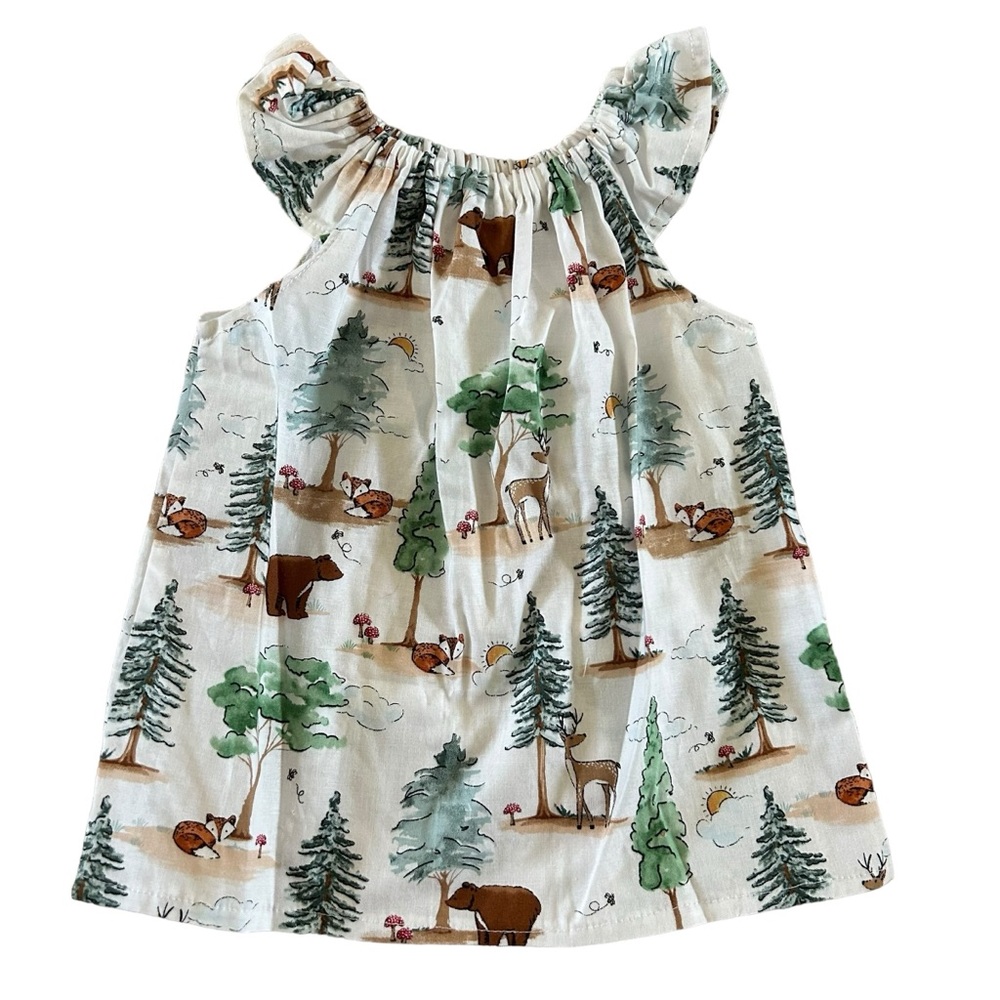 Handmade 9M 12M Girl’s Dress Woods Crunchy Deer Bear Fox Forest Mushrooms Trees